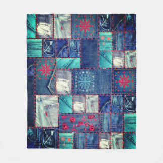 Couverture Polaire Patchwork de Jeans bleus avec détails floraux