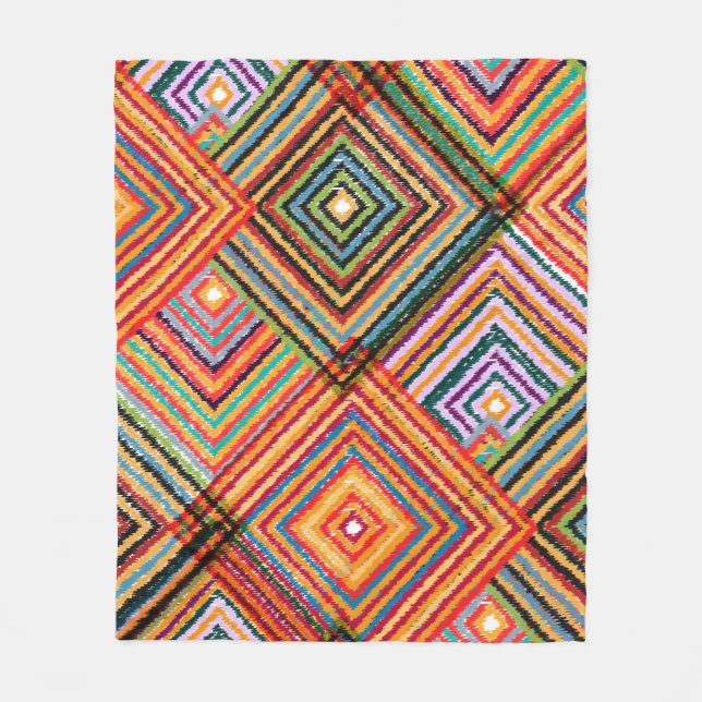 Couverture Polaire Patchwork Design avec Carrés aztèques. (Devant)