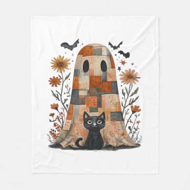 Couverture Polaire Patchwork Halloween Fantôme et chat, Retro Éffraya (Devant)