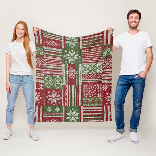Couverture Polaire Patchwork Tricoté de Noël Classique -Rouge, Vert ( (En situation)