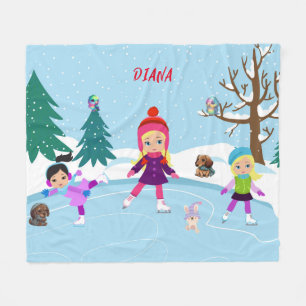 COUVERTURE POLAIRE PATINAGE À LA GLACE FILLE ET AMIS ANIMAUX