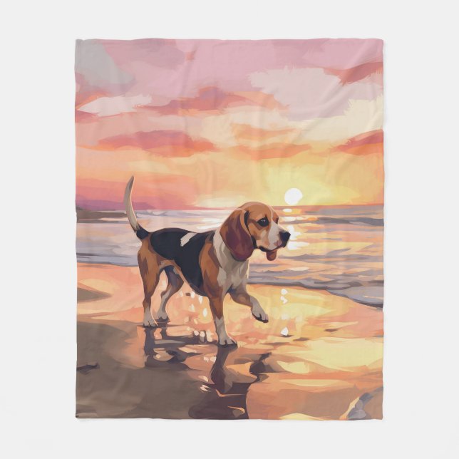 Couverture Polaire Patte Sableuse Chien Beagle sur la Plage au Couche (Devant)