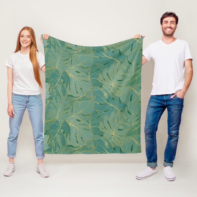 Couverture Polaire Paume vert et or feuille motif (En situation)