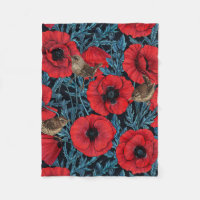 Pavot rouge et brunes, feuilles bleus sur noir