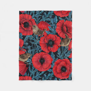 Couverture Polaire Pavot rouge et brunes, feuilles bleus sur noir