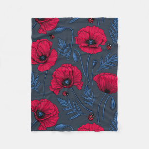 Couverture Polaire Pavot rouge et coccinelle bleu foncé