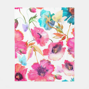 Couverture Polaire Pavot rouge et fleurs bleues avec papillons, wquoi