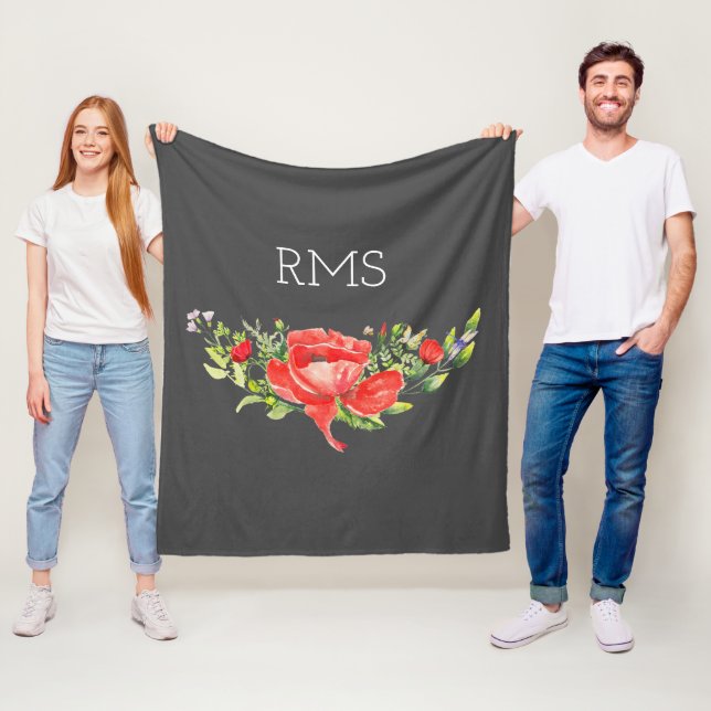 Couverture Polaire Pavot rouge sur gris Monogramme personnalisable (En situation)