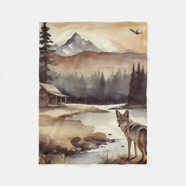 Couverture Polaire Paysage aquarelle d'un coyote solitaire  (Devant)