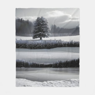Couverture Polaire Paysage et arbre d'hiver, noir et blanc - art