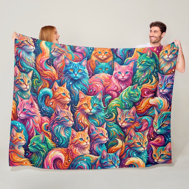 Couverture Polaire Paysage onirique de chat vibrant – Psychedelique B (En situation)