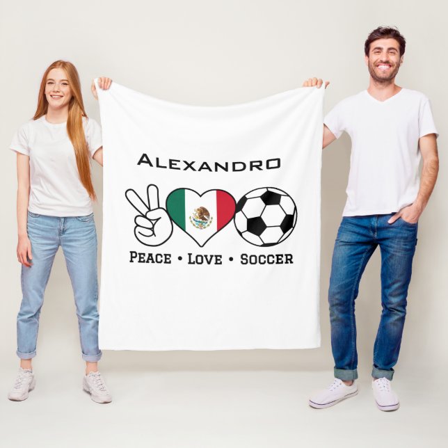 Couverture Polaire Peace Love Soccer Blanche Avec Nom (En situation)