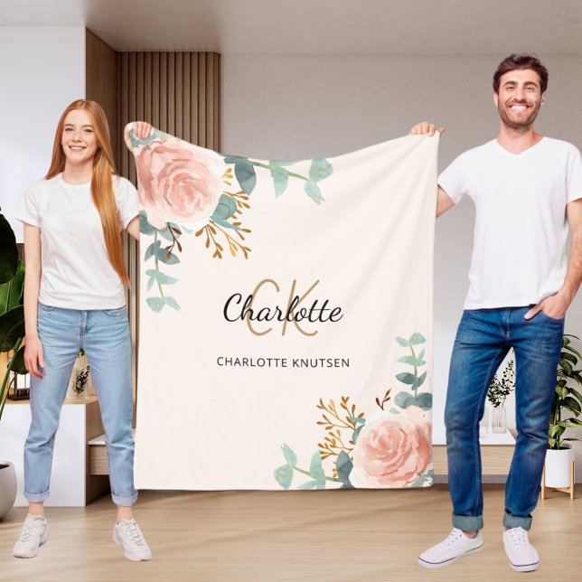 Couverture Polaire Peach rose floral vert nom monogramme (Créateur téléchargé)