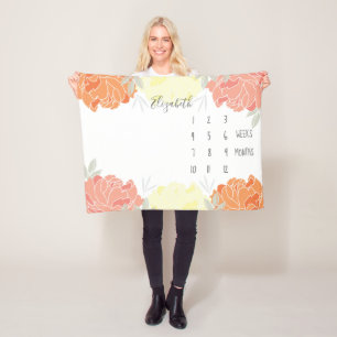 Couverture Polaire Pêche Jaune Orange pivoines Floral Baby Milestone