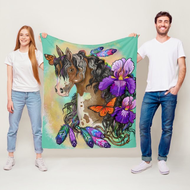 Couverture Polaire Peindre Cheval Mustang avec Iris et papillons (En situation)