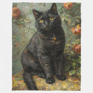 Couverture Polaire Peinture à l'huile de chat noir et de roses de l'A