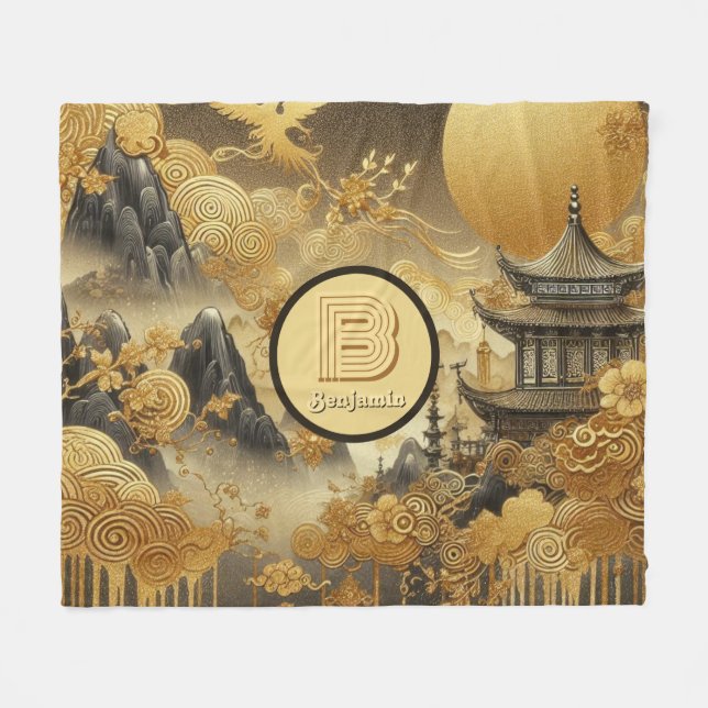Couverture Polaire Peinture chinoise Faux Golden Dripping Monogramme (Devant (Horizontal))