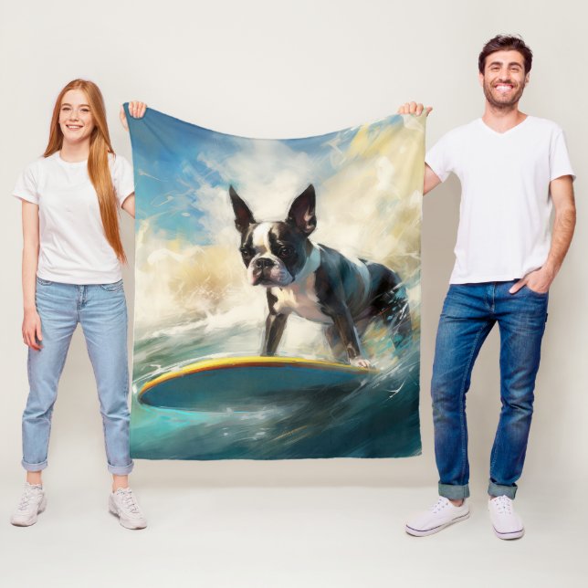 Couverture Polaire Peinture de Boston Terrier faisant du surf sur la  (En situation)