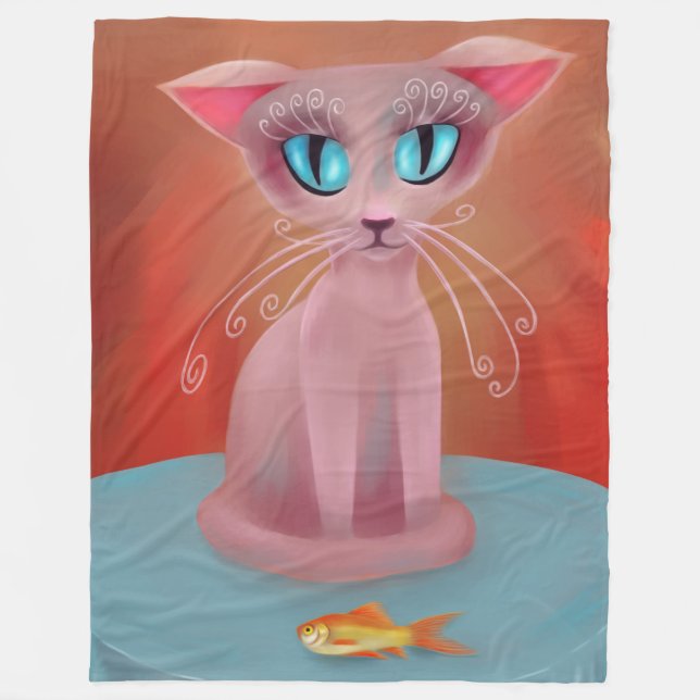 Couverture Polaire Peinture de chat rose poisson rouge nappe bleue (Devant)