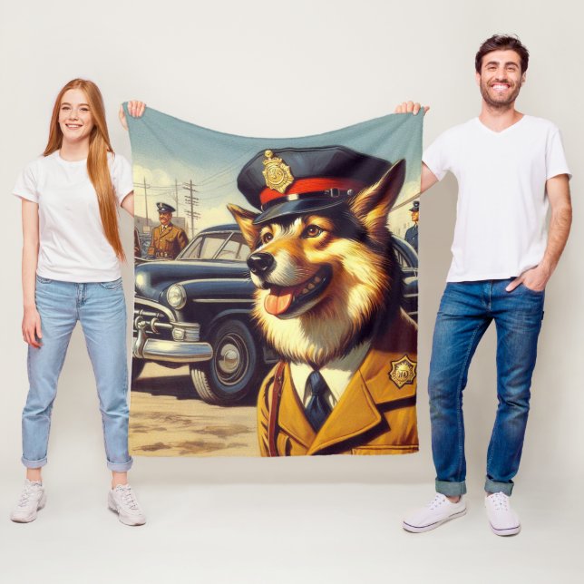 Couverture Polaire Peinture de chien de police rétro (En situation)