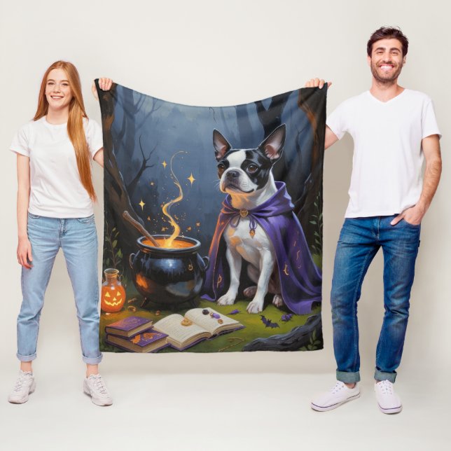 Couverture Polaire Peinture de fantaisie d'Halloween de chien Boston  (En situation)