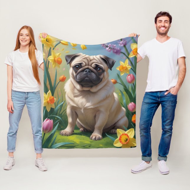 Couverture Polaire Peinture de fleurs de printemps de chien Carlin (En situation)