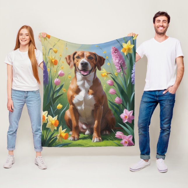 Couverture Polaire Peinture de fleurs de printemps de chien Rhodesian (En situation)