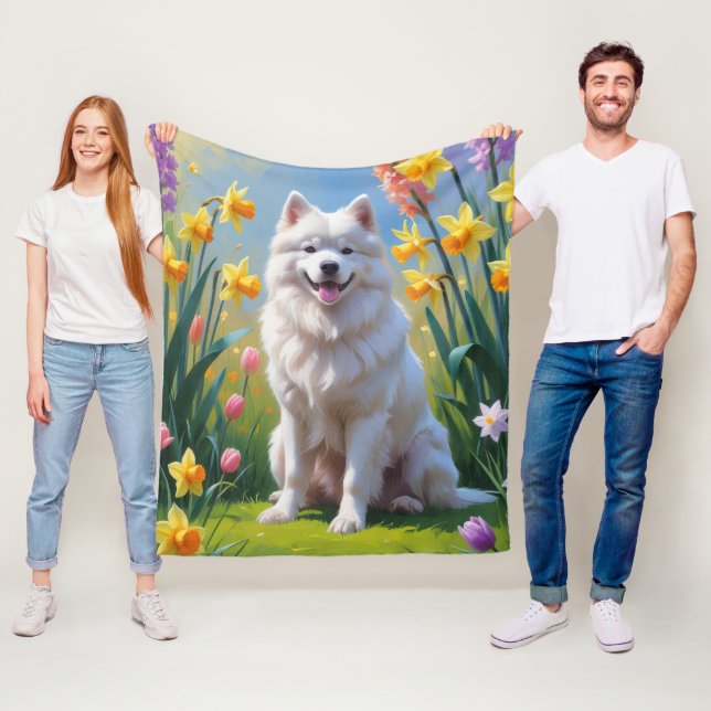 Couverture Polaire Peinture de fleurs de printemps de chien Samoyède (En situation)