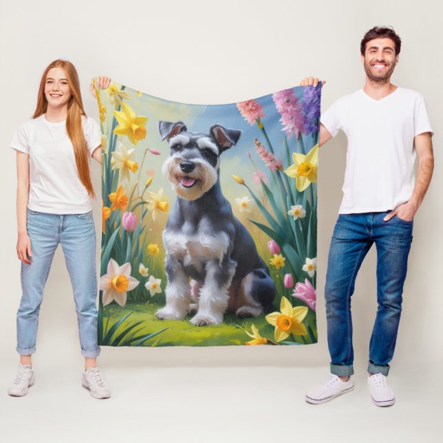 Couverture Polaire Peinture de fleurs de printemps de chien Schnauzer (En situation)