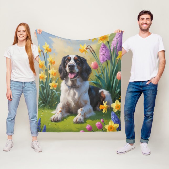 Couverture Polaire Peinture de fleurs de printemps de chien Setter An (En situation)