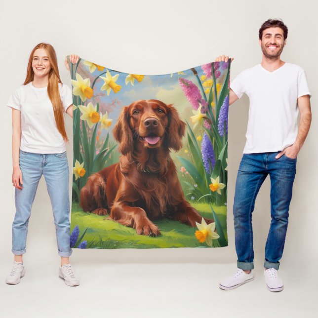 Couverture Polaire Peinture de fleurs printanières avec un chien Sett (En situation)