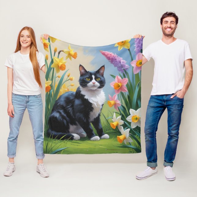 Couverture Polaire Peinture de fleurs printanières de chat en smoking (En situation)