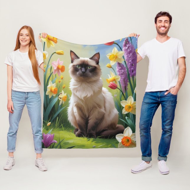 Couverture Polaire Peinture de fleurs printanières de chat siamois (En situation)