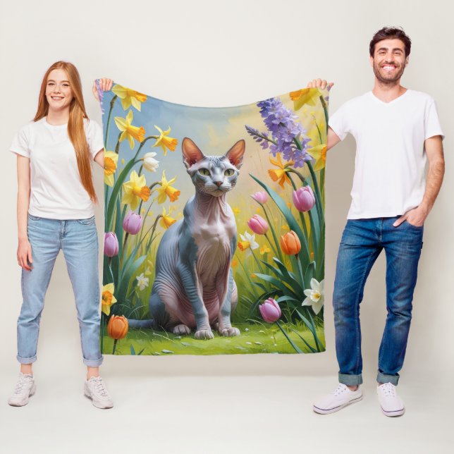 Couverture Polaire Peinture de fleurs printanières de chat Sphynx (En situation)