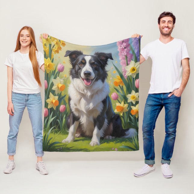 Couverture Polaire Peinture de fleurs printanières de chien Border Co (En situation)