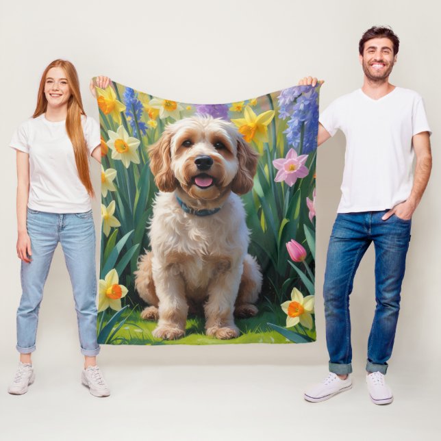 Couverture Polaire Peinture de fleurs printanières de chien Cockapoo (En situation)