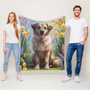 Couverture Polaire Peinture de fleurs printanières de chien de berger
