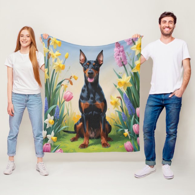 Couverture Polaire Peinture de fleurs printanières de chien Doberman (En situation)