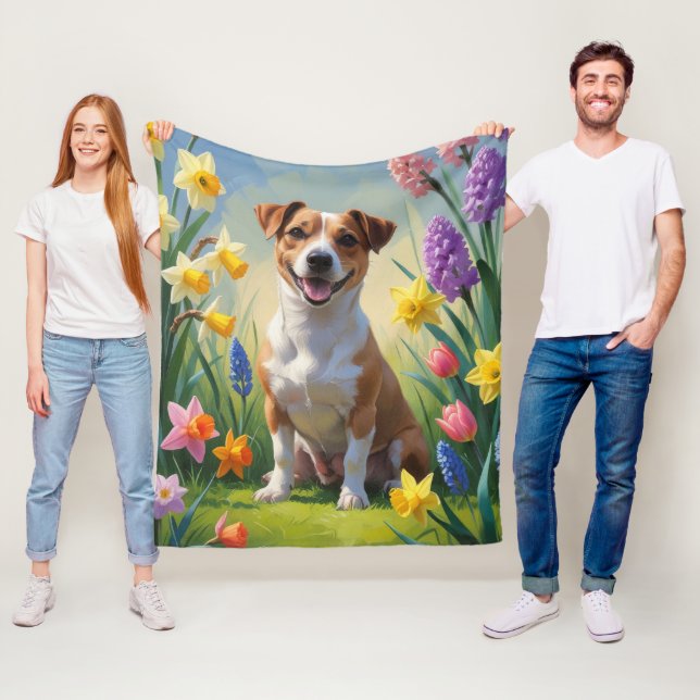Couverture Polaire Peinture de fleurs printanières de chien Jack Russ (En situation)