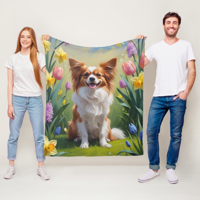 Couverture Polaire Peinture de fleurs printanières de chien Papillon  (En situation)