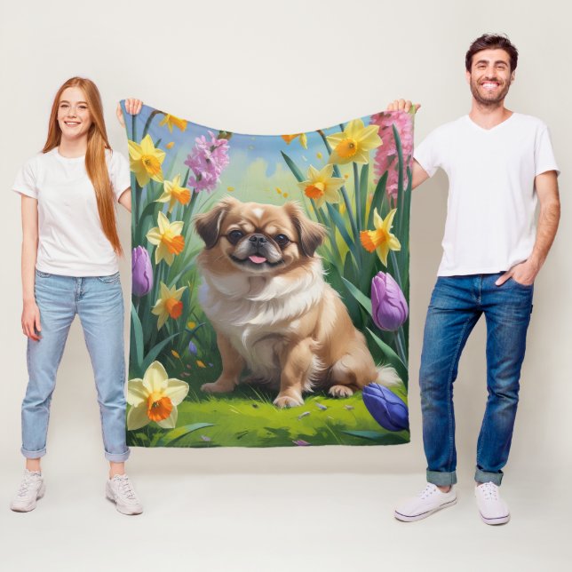 Couverture Polaire Peinture de fleurs printanières de chien pékinois  (En situation)