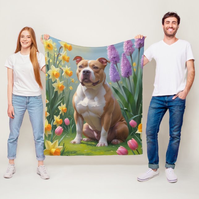 Couverture Polaire Peinture de fleurs printanières de chien Pitbull  (En situation)