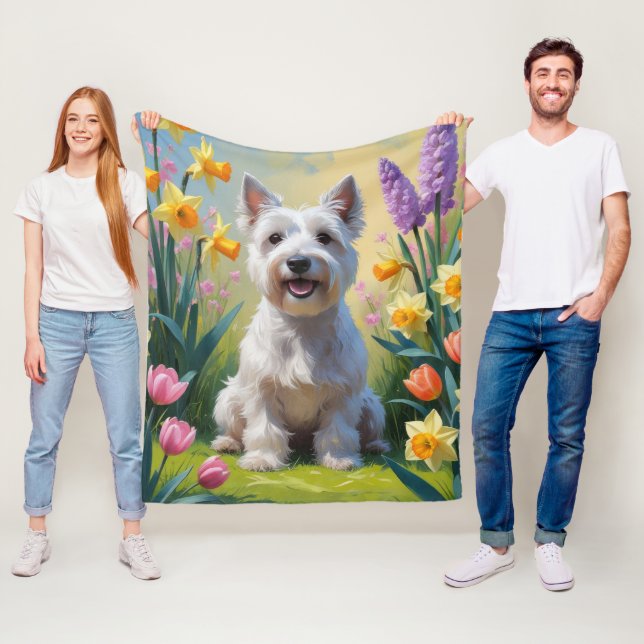 Couverture Polaire Peinture de fleurs printanières de chien Terrier d (En situation)