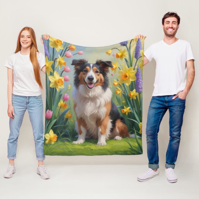 Couverture Polaire Peinture de fleurs printanières de Rough Collie (En situation)