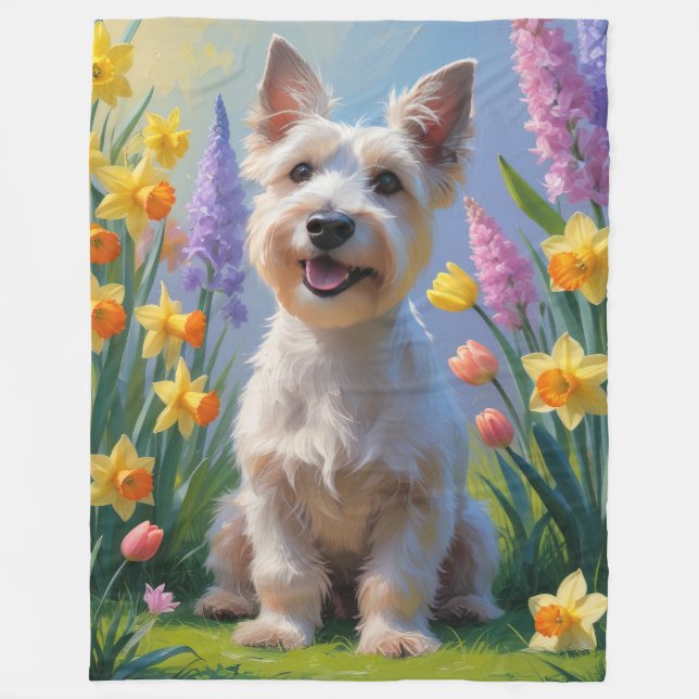 Couverture Polaire Peinture de fleurs printanières de Terrier Écossai (Devant)