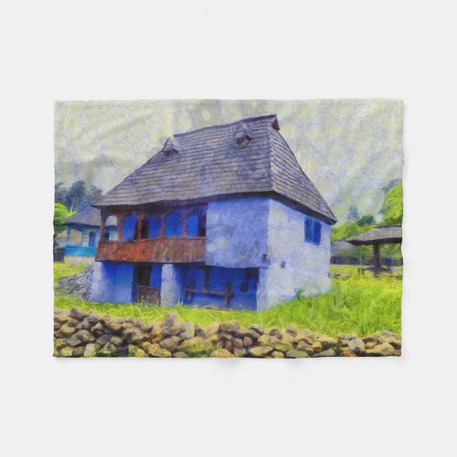 Couverture Polaire Peinture de maison bleue (Devant (Horizontal))