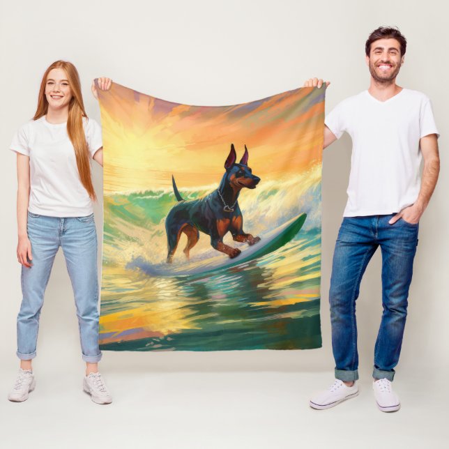 Couverture Polaire Peinture de Surf à la Plage des Dobermans (En situation)