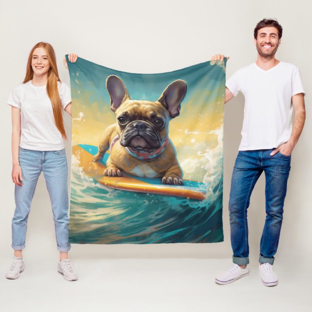 Couverture Polaire Peinture de surf de plage de Bouledogue français (En situation)
