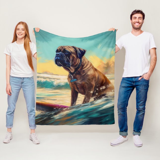 Couverture Polaire Peinture de surf de plage de Bullmastiff (En situation)