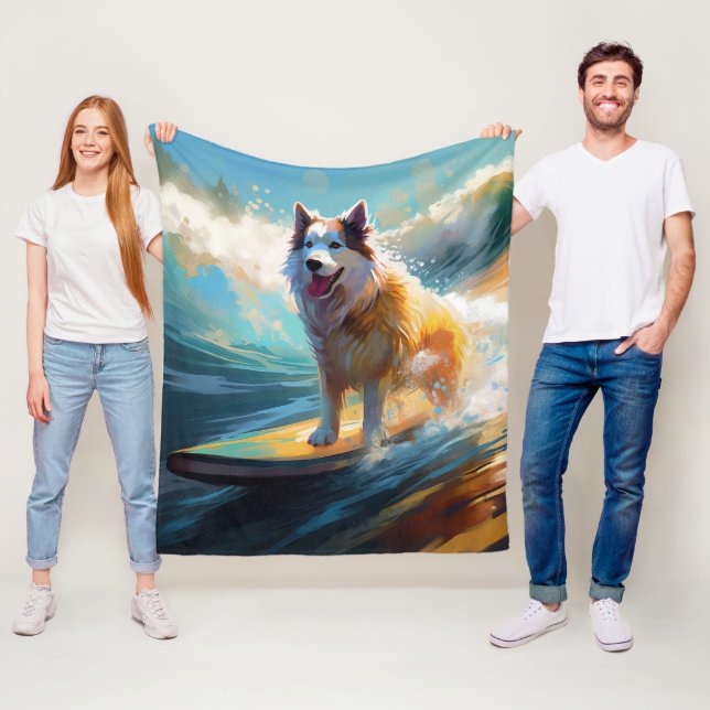 Couverture Polaire Peinture de surf de plage de Malamute d'Alaska (En situation)